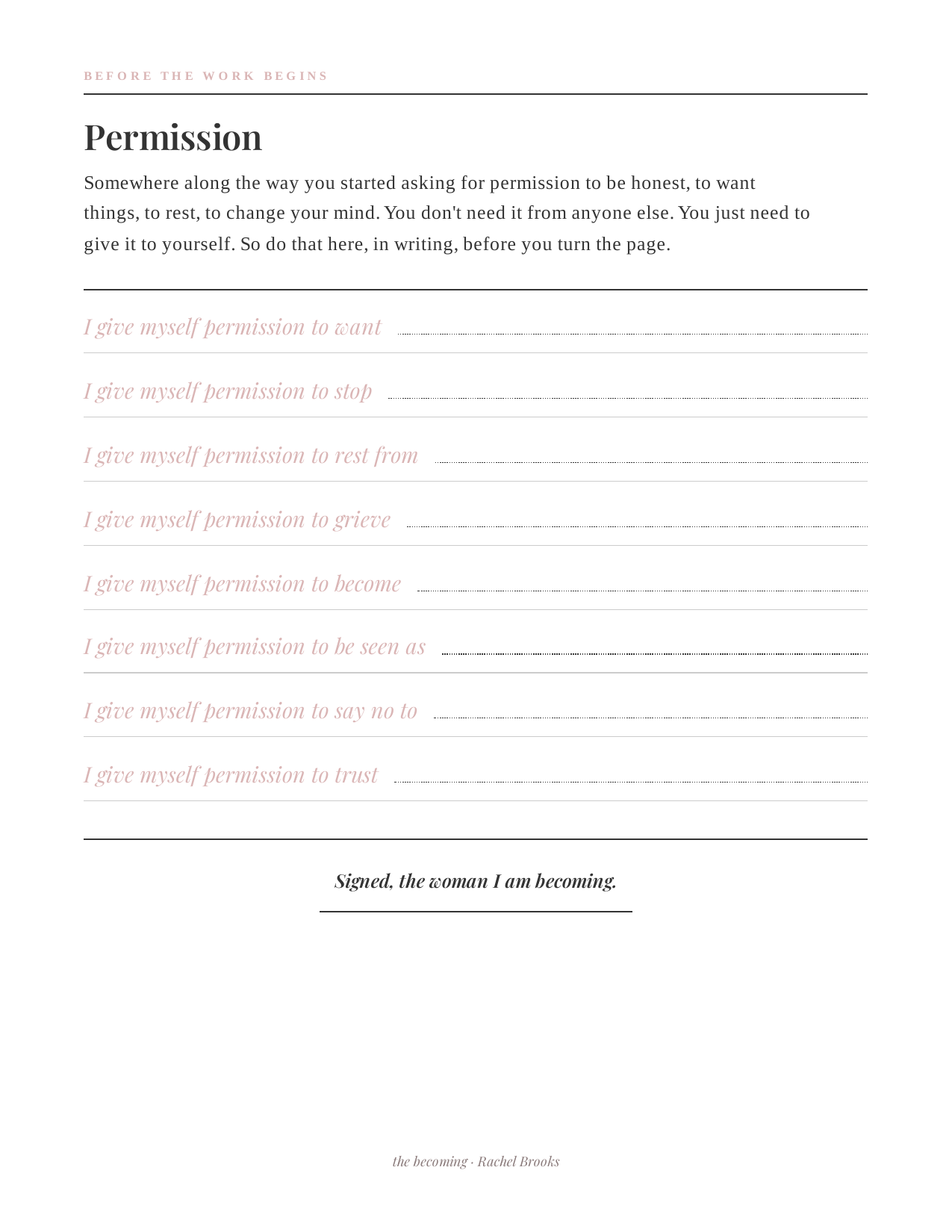 Permission interior page from The Becoming planner